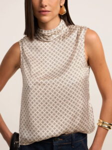 Blusas femininas para trabalhar sem manga acetinada gola alta drapeada estampa geométrica